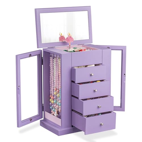 Emfogoo Joyero para niñas de 5 niveles, caja de música giratoria para niñas, caja de música grande, caja de música para niños, de madera, regalo de cumpleaños (morado)