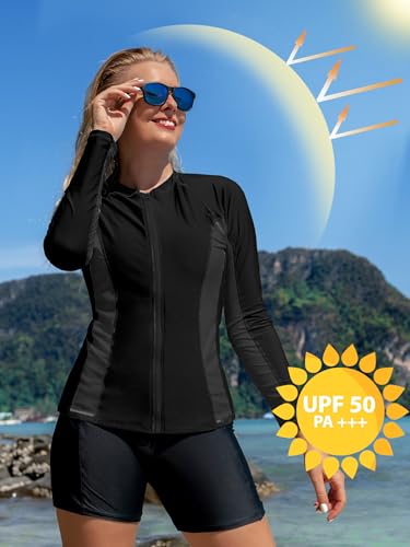 Image of ATTRACO Women's Rashguard Swimsuit Zip Front Sun Protection Swim Shirt UPF 50+
