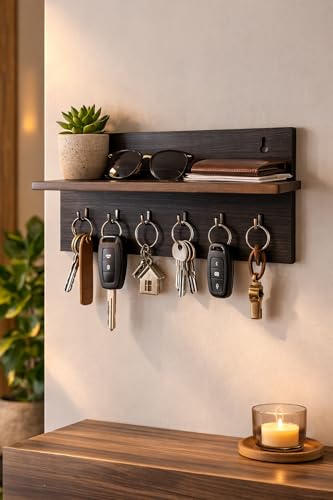 Image of Wall Mounted Key Holder & Organizer with Shelf | Wooden Key Stand with 6 Hooks | Multipurpose Wall Shelf for Keys, Sunglasses, Mask & Accessories| Entryway Storage wall key Rack (Dark Brown, 9x6 Inch)