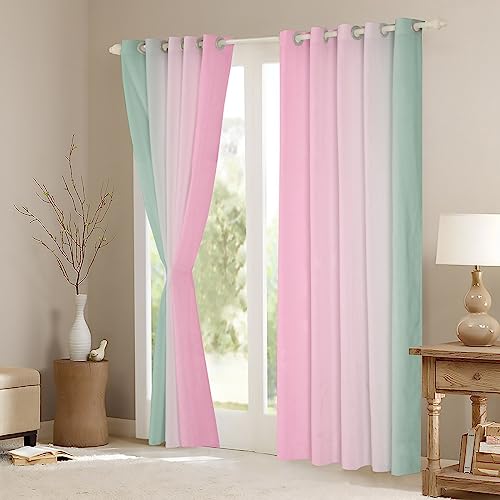 Pink and Green Darkening Drapes Gradient Style Curtains for Bedroom Living Room For Kids Women Men Ombre 30%-50% Blackout Curtains Geometric Window Treatments W46*L72 - Image 3