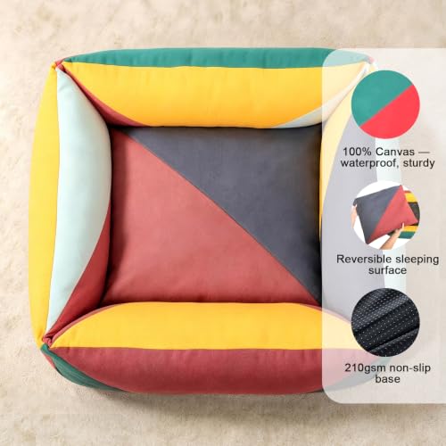 Image of Canvas Dog Bed, Cotton Dog Beds Large Sized Dog, Orthopedic Bed with Washable Removable Cover, Durable 290 GSM Cotton Anti-chewing Pet Bed with Anti-Slip Bottom (38 inchx30 inchx12 inch, Red&Yellow&Green)