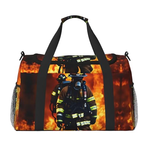 Sac de nuit noir imprimé flammes pompiers avec grand volume taille unique