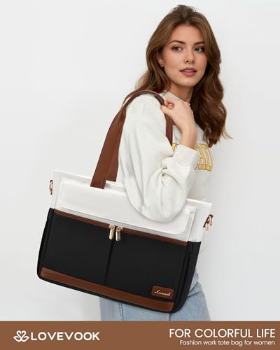Image of LOVEVOOK Upgrade Version Work Bags for Women 15.6 Inch Laptop Bag Large Capacity Mutiple Pockets Teacher Bag Water Resistant Canvas Tote Bag Purse for Office Travel College Nurse Teacher, Black Brown