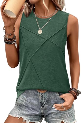 WIHOLL Tops for Women Trendy Sleeveless Shirts Crewneck 2025 Fashion Summer Tank Tops Loose Fit Green L