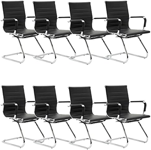 DM Furniture Black Office Desk Chair No Wheels Set of 8 PU Leather Computer Chairs Mid Back Guest Chairs for School Reception Conference Waiting Room, Black