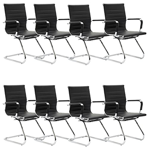 Dm Furniture Black Office Desk Chair No Wheels Set Of 8 Pu Leather Computer Chairs Mid Back Guest Chairs For School Reception Conference Waiting Room, Black #TOP5