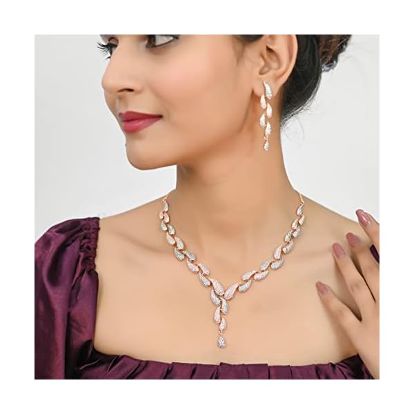 Ratnavali Jewels American Diamond CZ Rose Gold Plated Designer Jewellery Set/Necklace Set with Chain & Earring for Girls/Women (RV3382RG) - Image 4