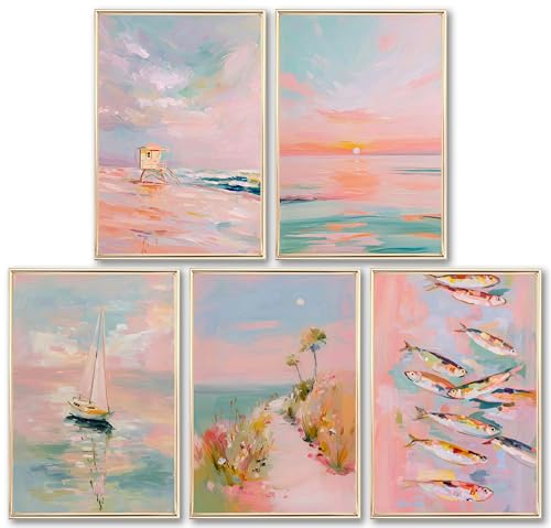 Pink Coastal Wall Art Paintings Trendy Preppy Summer Beach Painting