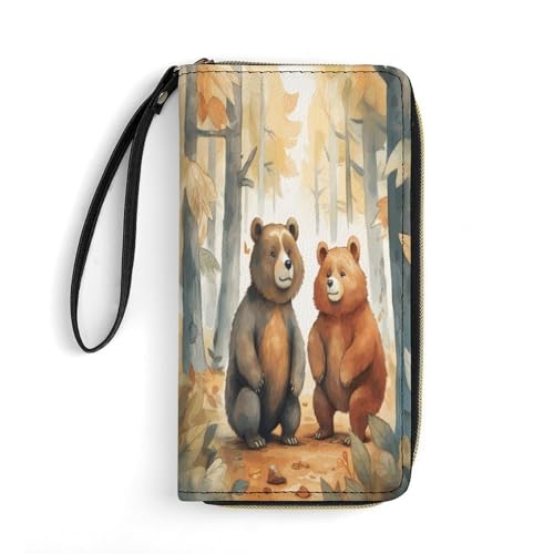 Large Wallet Novelty Bear in Woods Printing Long Wallet With Zipper Leather Wallet Suitable For Both Men And Women