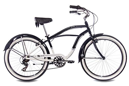 CHRISSON 26 Zoll Beachcruiser Sando schwarz Weiss mit 6 Gang Tourney Kettenschaltung, Damenfahrrad, Herrenfahrrad im Retro Look, Vintage Cruiser Bike