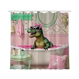 REZHOCH Fun Tyrannosaurus Rex Shower Curtain 72x72Inch Kids Cute Animal Sunglasses Bowkno in Bathtub Lovrely Vintage Fashion Pet Girl Pink Bathroom Decor Fabric Waterproof with Hooks