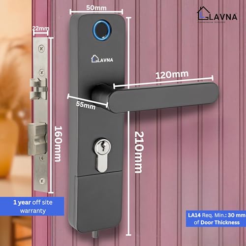 Image of LAVNA Digital Door Lock | 3 Way Access | Fingerprint, Mobile app, Key Access | 2 Locking Bolts | Suitable for 30 mm to 45mm Wooden Door fit with Right N Left Door Side (LA14, Smart)