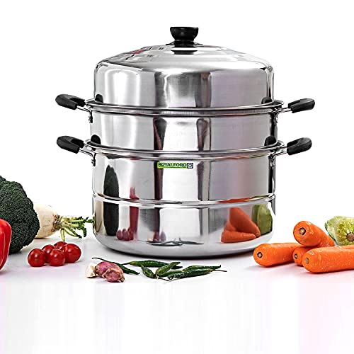 Royalford 3 Layer Stainless Steel Steamer 9L - Steamer Pot Heat Resistant With Durable & Comfortable Handles | Dishwasher Safe | Compatible On Induction Gas Hot Plate Ceramic Plate & More
