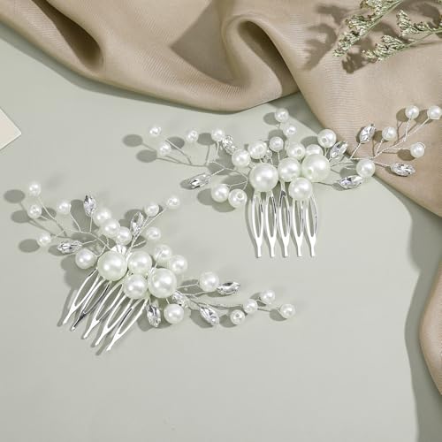 DOPENSPI 2PCS Pearl Wedding Hair Comb Rhinestone Pearl Hair Accessories Crystal Hairs Pieces Bridal Hairs Clips for Women and Brides Bridesmaid