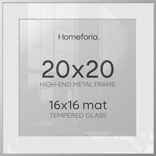 Image of Homeforia 20x20 Silver Picture Frame, High End Metal 20 x 20 Square Frame with Mat 16 x 16 Photo, 20x20 Poster Frames Matted to 16x16 Print, 20 by 20 Hanging Frames, Tempered Glass, Wall Kit, Set of 1