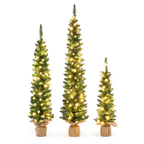 COSTWAY Conjunto de 3 árvores de Natal Slim/estreito com luzes, 90, 120, 150 cm, árvore de Natal com luzes incorporadas, 230 luzes LED, 415 pontas de PVC, árvore de natural casa escritório