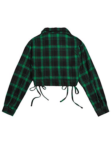 Verdusa Women's Ruched Drawstring Hem Plaid Print Button Down Crop Top Blouse Black And Green M #TOP1