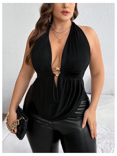 OYOANGLE Women's Plus Size Metal Ring Linked Plunge Neck Halter Crop Top Open Back Ruched Party Tops4