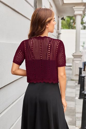 Image of Kate Kasin Women Crochet Shrug Knit Sweater, Short Sleeve Cropped Cardigan | Tie Front Tops Light Weight, Knit Cover Up Arm Bolero For Evening Dresses Dressy Casual, Ladies Eyelet Shawl Thin Formal