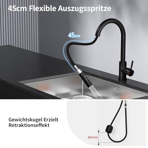 Rainsworth Schwarz Wasserhahn Küche mit Brause Ausziehbar - Hochdruck Küchenarmatur mit Zwei Wasserstrahlarten, Spültischarmatur 360° Drehung, Mischbatterie Küche aus Edelstahl Einfache Installation