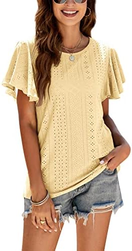 Womens Blouses Business Casual Tops Ruffle Sleeve Round Neck T-Shirts Yellow Tops