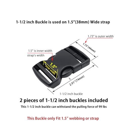 image for Baitoo Side Release Buckles,1 1/2 Inch Heavy Duty Dual Adjustable Plas