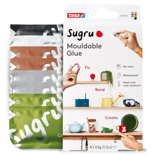 Sugru Mouldable Glue de tesa, adhesivo fuerte multiusos, envase de 8 (8 x 3,5 g) en Negro, Blanco, Verde, Marrón y Gris