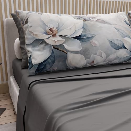Draps coton lit 1 place et demi 120x200 parure lit gris motif floral 14