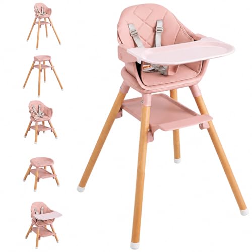 Image of Baby Girl High Chair, 6 in 1 Wooden Convertible High Chairs for Babies and Toddlers, Booster Seat with Double Tray & Reversible Footrest Baby Highchair, 5-Point Harness Baby Feeding Chair, Pink