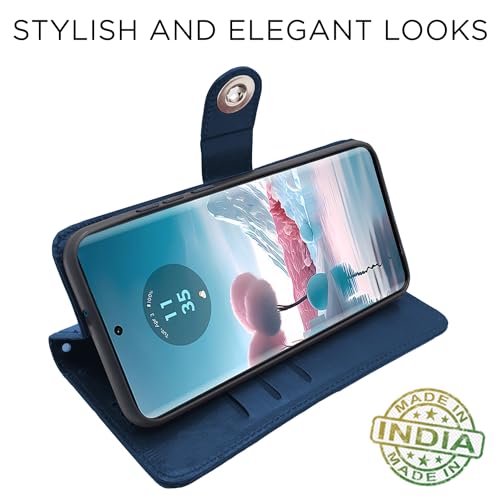 Image of Pikkme Moto Edge 40 Neo 5G Flip Cover Leather Finish | Wallet Stand and Shock Proof | Inside TPU with Card Pockets | Complete Protection Button Flip Case (Blue)