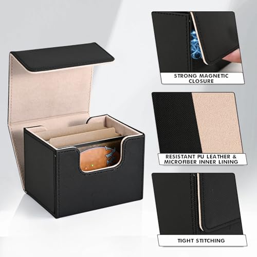 Image of ZLCA Card Deck Box for Trading Cards, MTG Commander Deck Box Holds 120+ Single Sleeved, Leather Magnetic Card Storage Case Fits for TCG CCG Magic (Black& Gold)