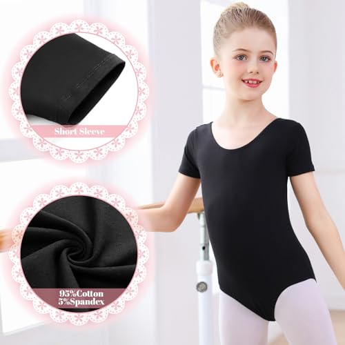 Monbessi Ballettanzug Mädchen Kurzarm - (Gr.100-150) - Tanzbody Gymnastikanzug, Baumwolle Ballettbody Kinder Ballett Trikot (140, Schwarz)
