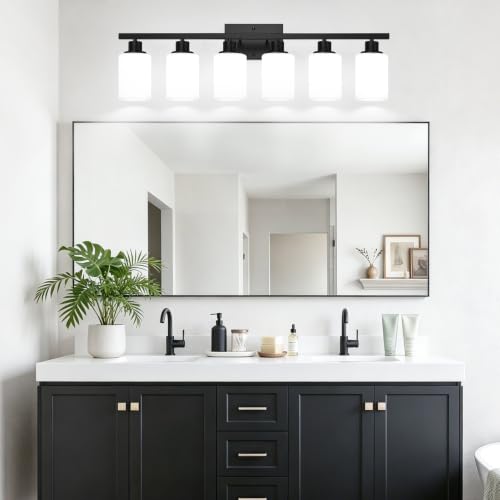 Image of MOKATNG 6-Light Bathroom Light Fixtures, Vanity Light with Milky White Shades, Matte Black Bathroom Light Fixtures Over Mirror, Modern Bathroom Wall Lamp for Mirror Living Room Cabinet Bedroom