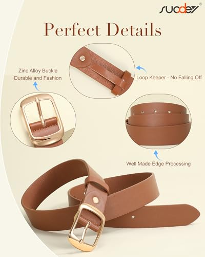 Image of SUOSDEY Fashion Womens Leather Belt, Soft Waist Belt with Pin Buckle for Jeans Pants,width 1.3 inch, 08-brown (Gold Buckle), Small: fits waist from 25 inch-30 inch