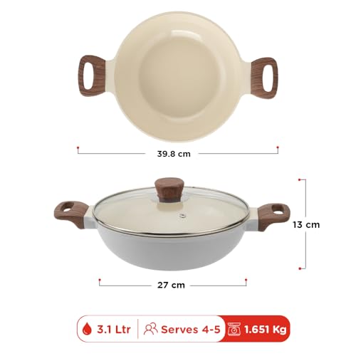Image of Vinod Ceravit Ceramic Non Stick Deep Kadhai with Glass Lid - 26 cm, 3.1 Litre | 100% Toxin Free Kadai for Cooking | PFAS & PFOA Free | Metal Spoon Friendly | Gas & Induction Base Compatible