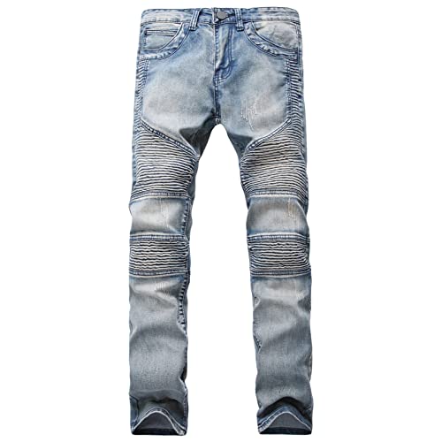 Men's Pleated Ripped Biker Jeans Skinny Slim Fashion Stretchy Jeans Men Distressed Washed Fold Jean Trousers
