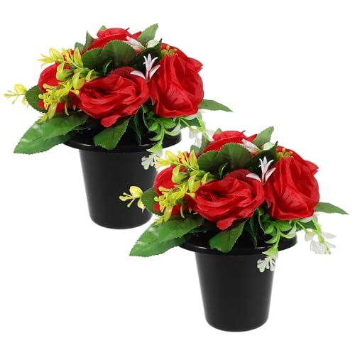 TOYZFRIENDY Flores Artificiales para Cementerio Rosas Artificiales Realistas con Jarrón Pequeño Portátil para Decoración de Tumbas al Aire