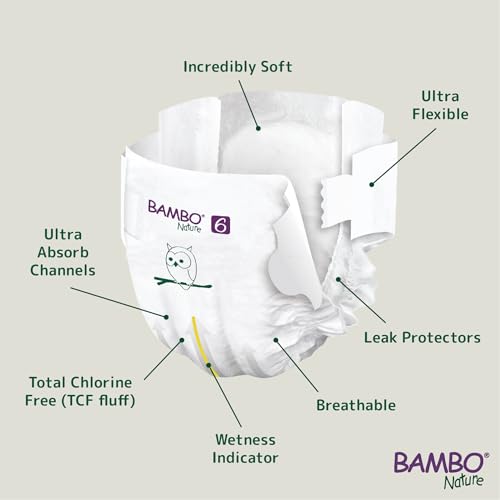 Image of Bambo Nature Premium Baby Tape Diapers for Kids XXL Size (16+ Kgs), Super Absorbent, Breathable, Extra Soft, Dermatologically Tested, Hypoallergenic Toddler Nappies With Wetness Indicator, 20 Count