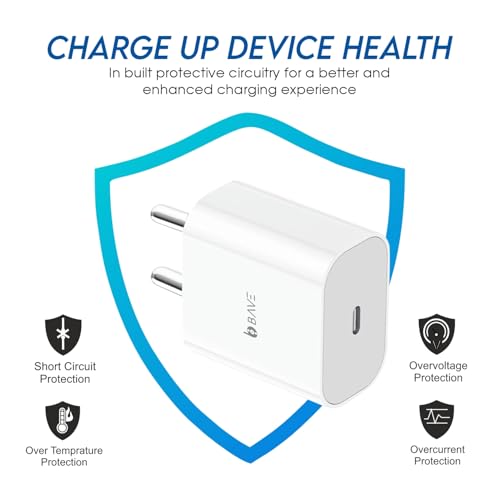 Image of BAVE 20W PD Fast Charger with USB-C to Lightning Cable | Compatible with iPhone 14 Pro Max, 14 Pro, 14, 13 Pro, 13, 12, 11, XR, XS & SE | BIS Certified | 1-Year Warranty | White