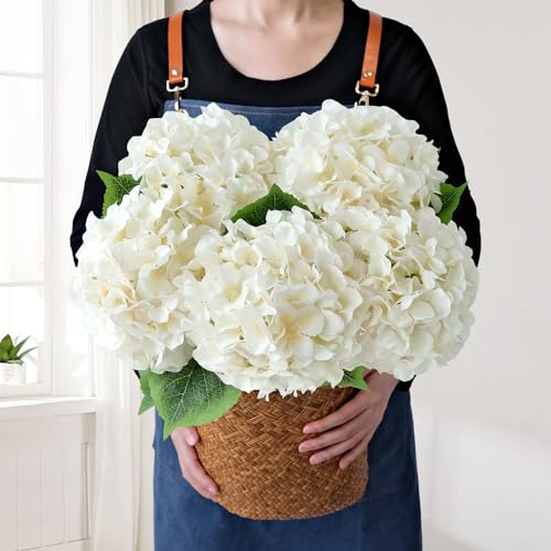 JINWOE Boho Silk Hydrangea Artificial Flowers 5Pcs Cream 20Inch Large Lifelike Flowers Artificial Hydrangeas for Indoor Bouquet Table Centerpieces Home Outdoor Wedding