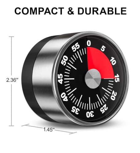 Image of Bramani 60‑Minute Mechanical Kitchen Timer - Magnetic Stainless‑Steel Visual Countdown Clock with Loud Alarm, Battery‑Free Wind‑Up Design - Perfect for Cooking, Study, Office & Classroom (White)