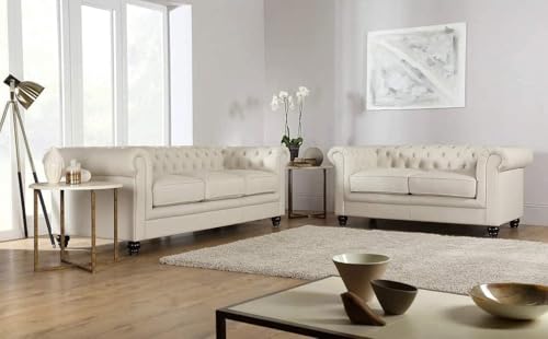 Image of Modern & Classic Chesterfield Sofa 5 Seater Sofa Velvet L-Shape Corner Sectional Button Tufted Sofa for Living Room, Dining Room, Office and Hallway-(Beige).