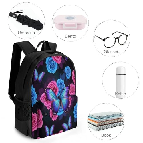 Travel Backpack, Pink Blue Rose Butterfly Durable Spacious Shoulder Bag with Adjustable Strap, Women Men Portable Versatile Daypack4