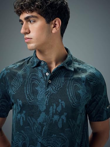 Image of TECHNOSPORT Men's Slim Fit All Over Print Polo Neck T-Shirt with Technocool+, UPF50+ for Regular Use
