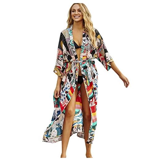 L-Peach Damen Schnelltrocknend Kimono Langes Kleid Pareos Strandkleid Bikini Cover Ups