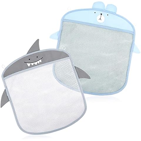 Fingertoys Pack of 2 Bath Toy Storage, Bath Net for Toys, Bath Toy Storage, Bath Net for Toys with 4 Adhesive Hooks (Blue & Grey) Cover