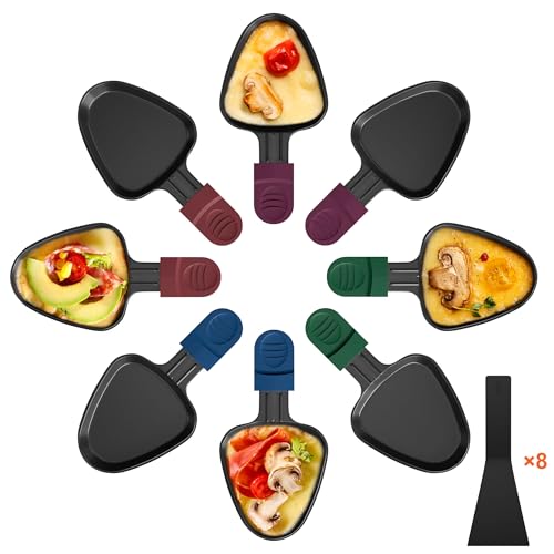 Yoassi Lot de 8 Poêlon Raclette Triangulaire Anti-adhésif, Coupelle Raclette Triangle avec Poignée Colorée Anti-brûlure pour Fromage Fondu, Oeuf Frit, 8 Pcs Pelle...