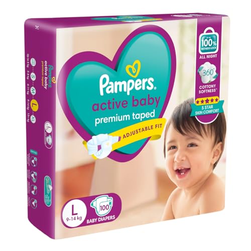 Image of Pampers Active baby Tape Style Baby Diapers, Large (L), 100 Count, 9-14 kg, Adjustable Fit with 5 Star Skin Protection (Pack of 4)
