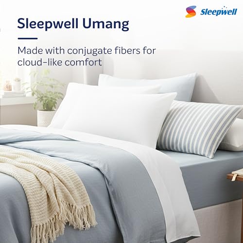 Image of Sleepwell Umang L Pillow | Conjugate Fibre | Neck Support & Pressure Relief | Hypoallergenic & Dust Resistant | Medium Soft Firm | Lightweight & Breathable | Machine Wash | 24x16 Inch | Pack of 2