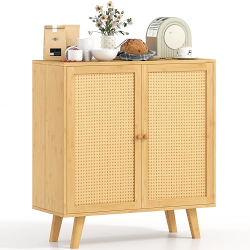 COSTWAY Rattan Storage Cabinet, Bamboo Buffet Sideboard with 2 Magnetic Door & Anti-slip Foot Pads, Freestanding Display Organiser Cupboard for Kitchen, Dining Room, Living Room, Hallway